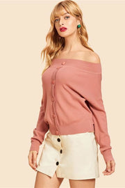 unityfunctionsuite Pink Weekend Casual Button Up Front Bardot Sweater Off The Shoulder Long Sleeve Pullovers