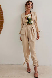 Beige High Waisted Ankle Tie Pants & Blazer Set Outfit Sets