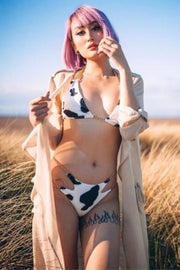 Black Cow Print Velvet Chain Bikini Bikini