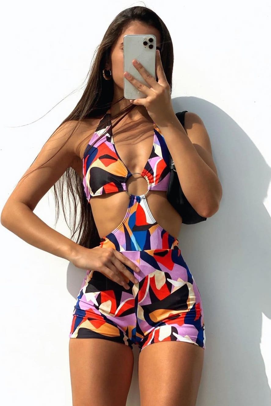 Colorful Halter Cut Out Ring Shorts Romper Romper