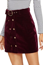 Double Button Belted Vintage Mid Waist Short Mini Skirt-Velvet Skirt