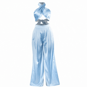 light blue Halter Wrap Top And Palazzo Satin Pants Set