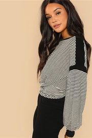 unityfunctionsuite Black And White Modern Lady Casual Twist Front Striped Boat Neck Bishop Sleeve Pullover 2018