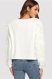 unityfunctionsuite Beige Contrast Faux Fur Embellished Sweatshirt Casual Long Sleeve Round Neck Pullovers Women