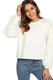 unityfunctionsuite Beige Contrast Faux Fur Embellished Sweatshirt Casual Long Sleeve Round Neck Pullovers Women