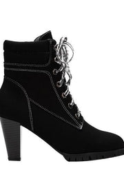 Lace Up Flock Velvet Square Heels Western Stiletto High Ankle Boot-Black/brown Black / 6.5 China