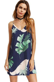 unityfunctionsuite Navy Palm Leaf Print Double V Neck Cami Dress Women Beach Spaghetti Strap Sleeveless Sexy Slip