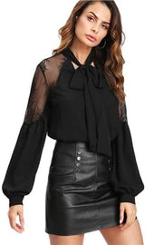 Shein Black Long Lantern Sleeve Blouse Elegant Women Tops Office Wear Casual V-Neck Tie Neck
