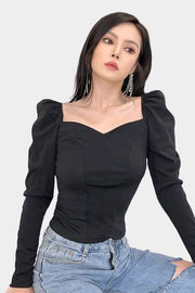 Square Sweetheart Neckline Puffed Long Sleeves Womens Black Blouse Shirt Top Shirt
