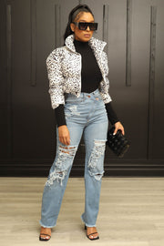 White Leopard Print Cropped Puffer Jacket Coats & Jackets