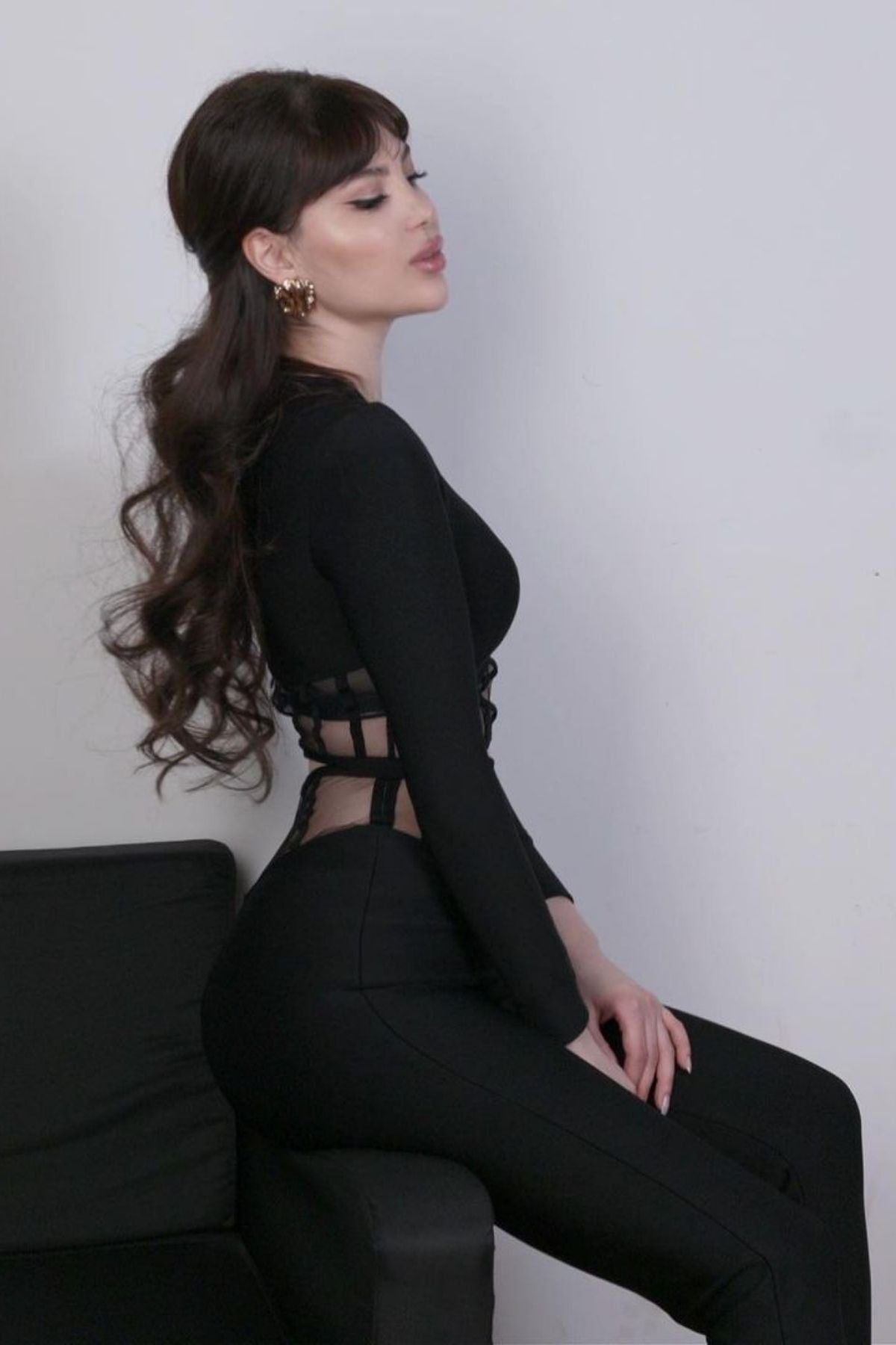Women's Black Long Sleeve Crop Top And High Waisted Mesh Block Two Piece Pant Set