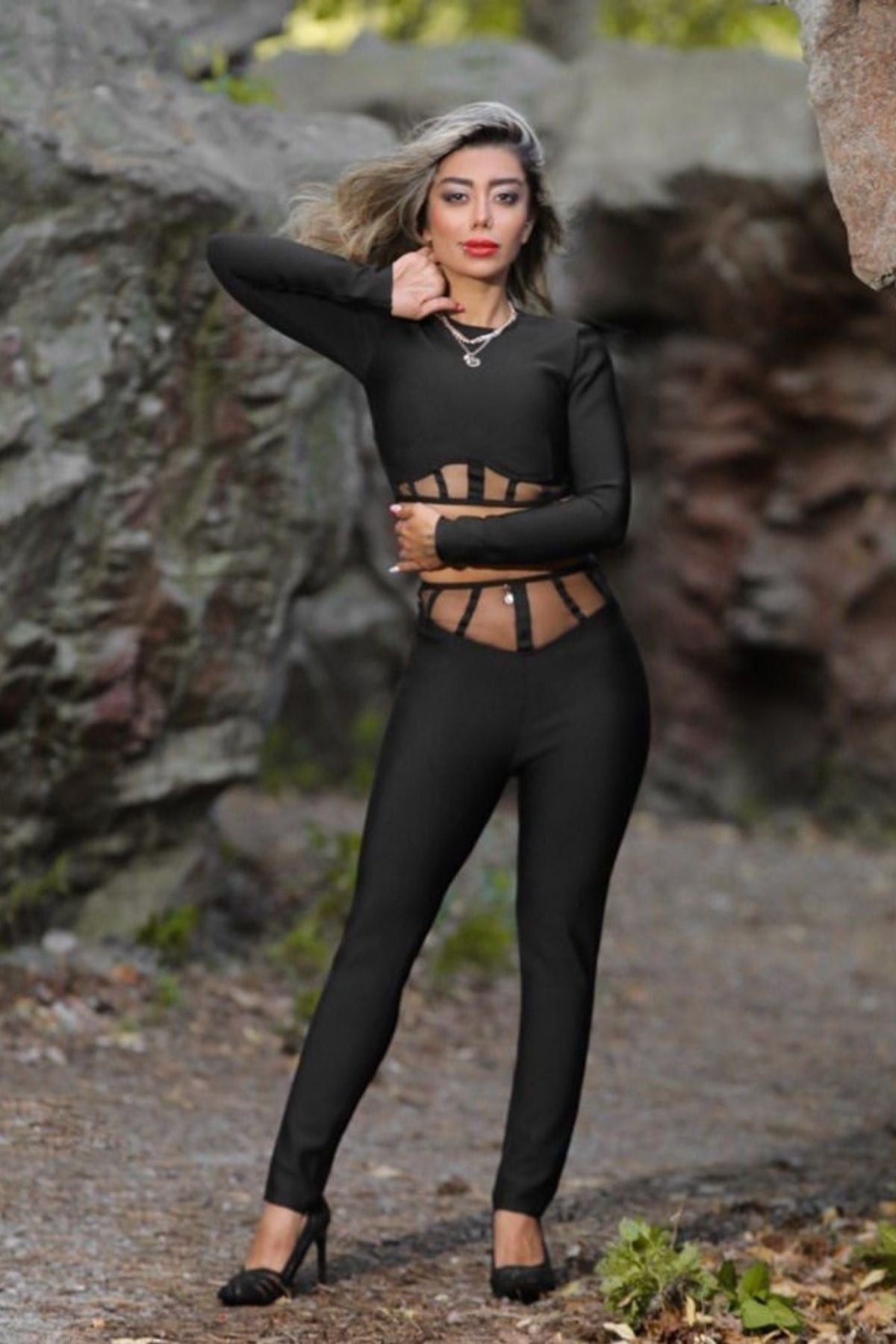Long Sleeve Crop Top And High Waisted Mesh Block V-Cut Two Piece Pant Set