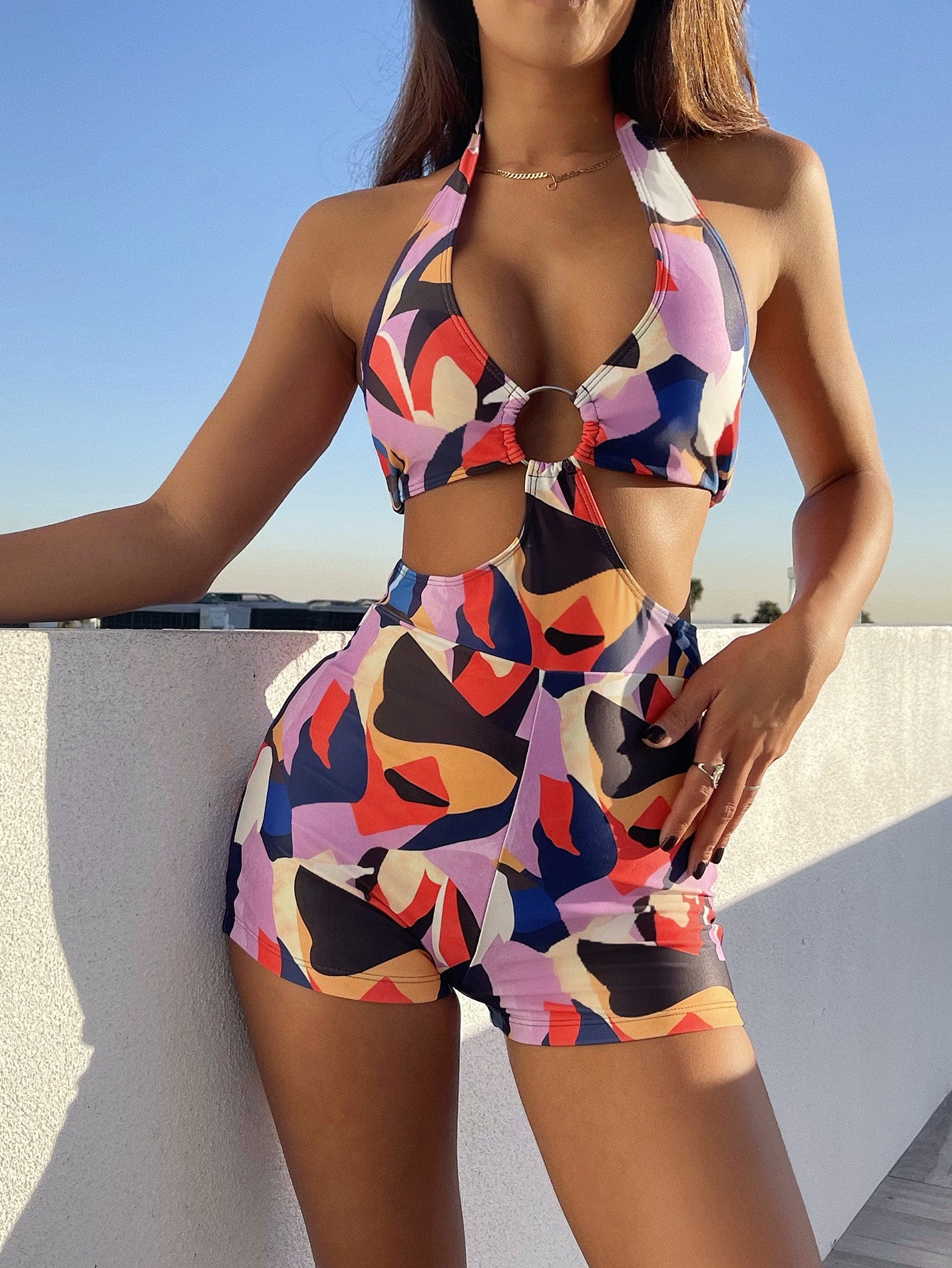 Colorful Halter Cut Out Ring Shorts Romper