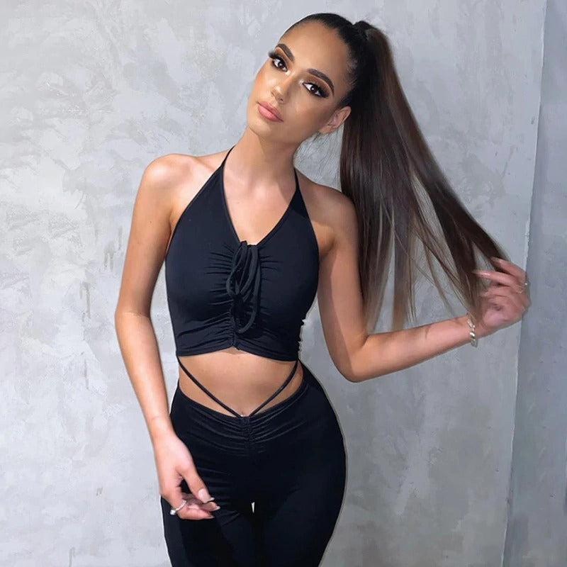 Black Lace-Up Ruched Flare Pants & Halter Crop Top