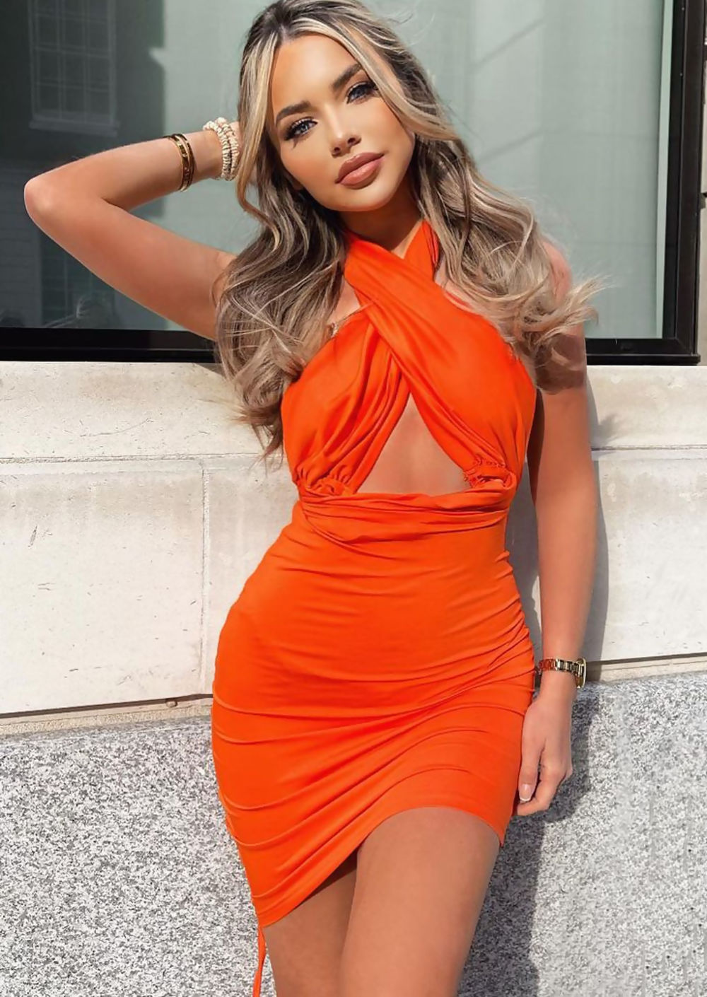 Orange Halter Wrap Ruched Cutout Mini Dress