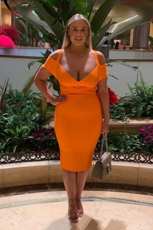 Women's Neon Orange Off Shoulder Bandage Bodycon Mini Dress