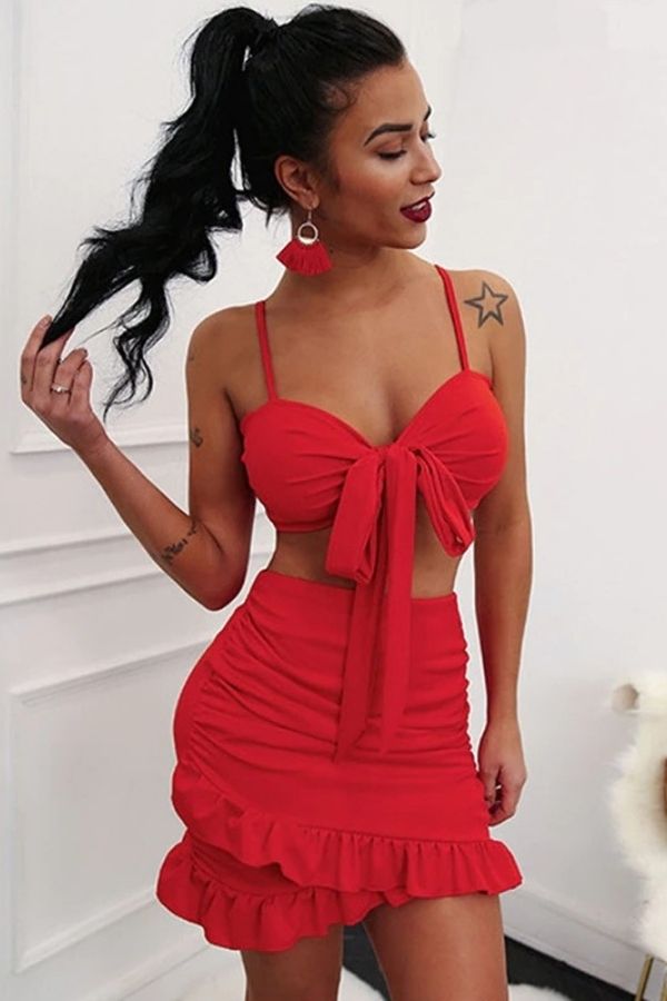 Red Front Tie Crop Top And Ruffle Skirt Two Piece Set