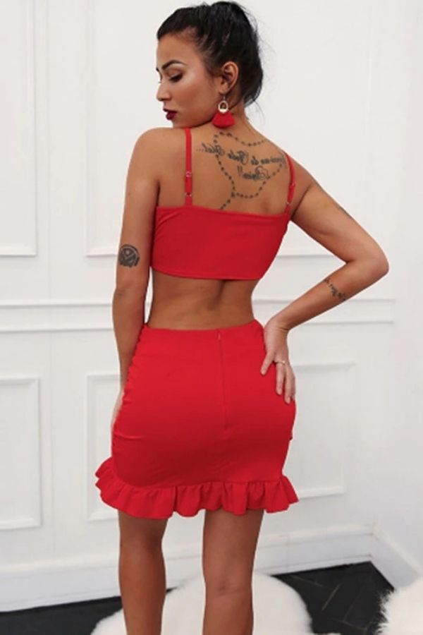 Red Front Tie Crop Top And Skirt Two Piece Set