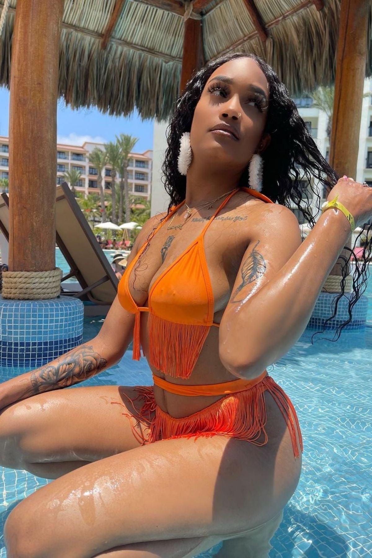 Orange Cut Out Fringe Brazilian bottom and triangle plunge top bikini set